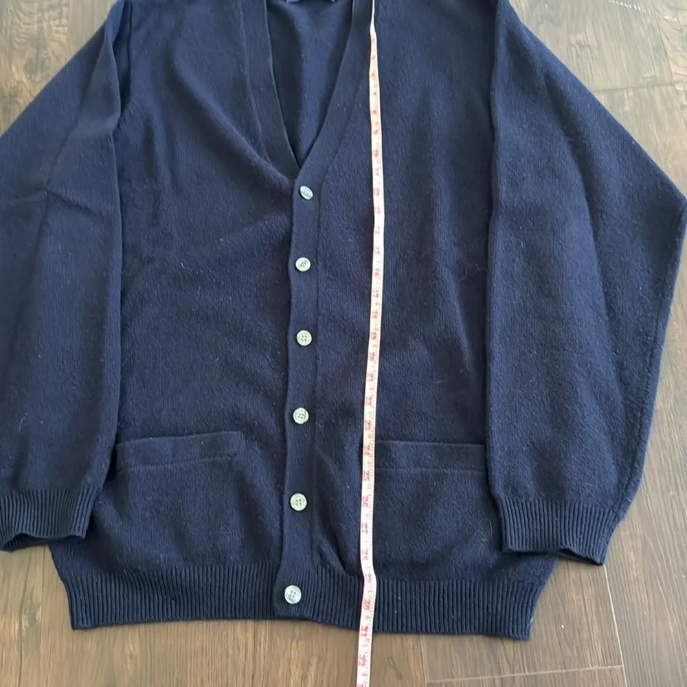 LANDS END MENS WOOL V NECK CARDIGAN BLUE LONG SLEEVE SWEATER POCKETS LARGE